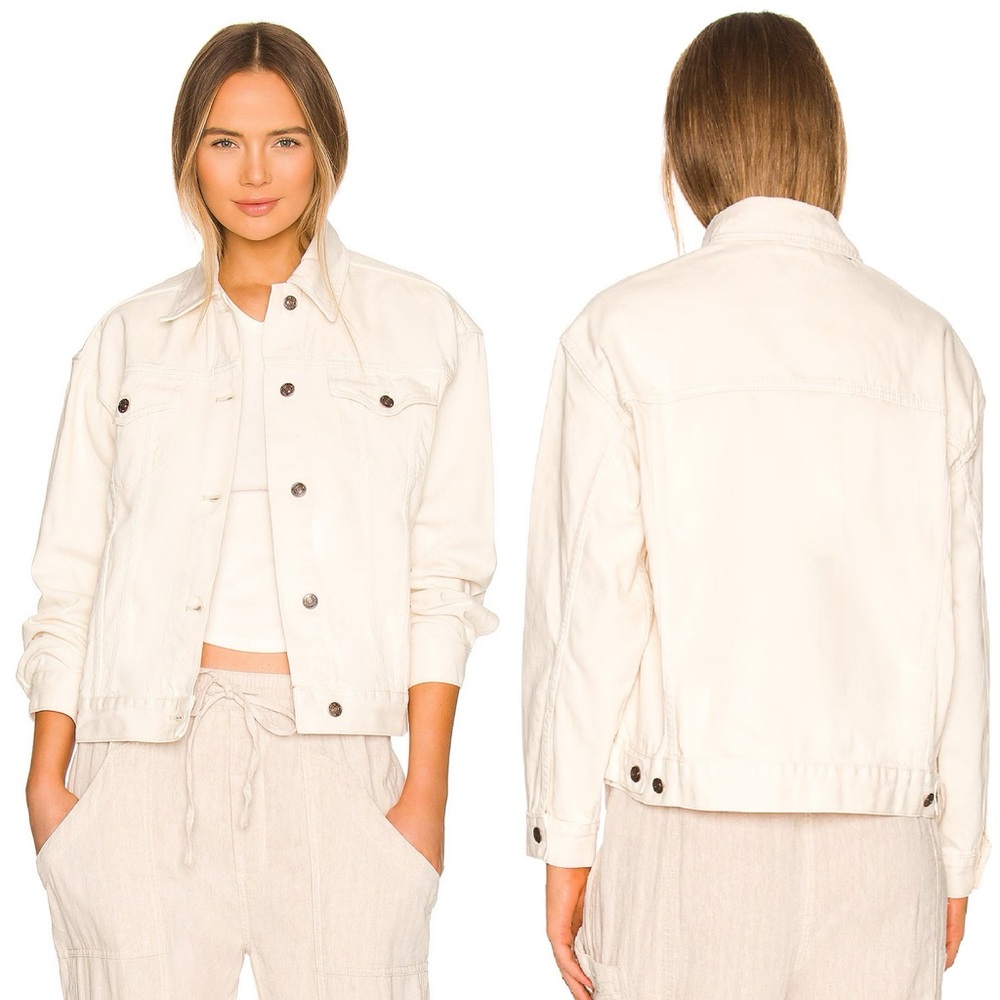 Free People Jolene Trucker Denim Jacket Ecru Womens Size XL Button Front Boho
